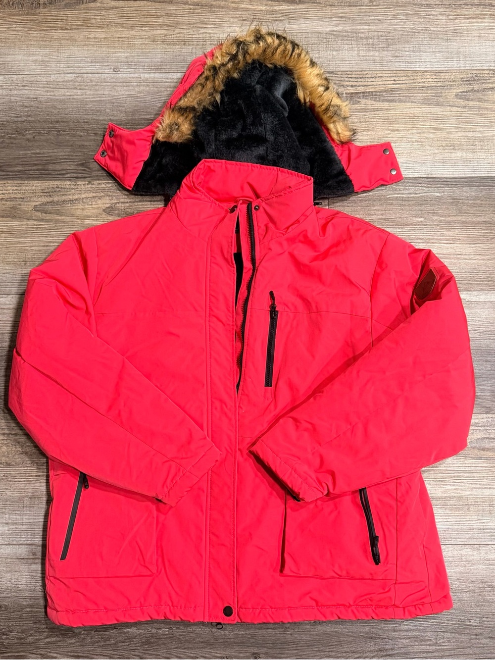 Moerdeng 3XL Red Waterproof Ski Jacket Faux Fur Hood